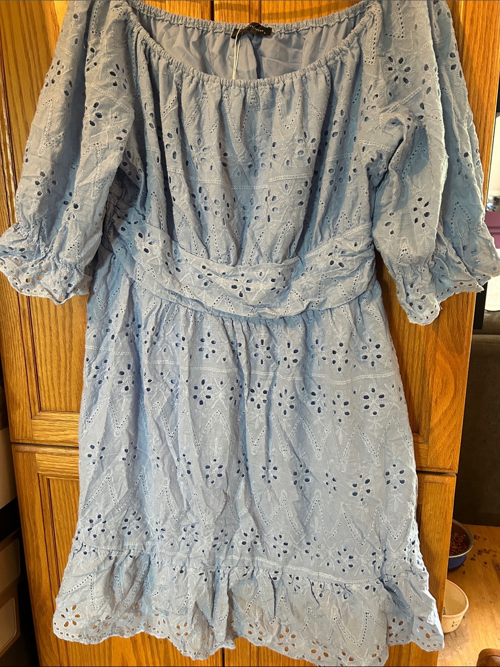 Off-Shoulder Light Blue Eyelet Midi Dress with Waist Tie